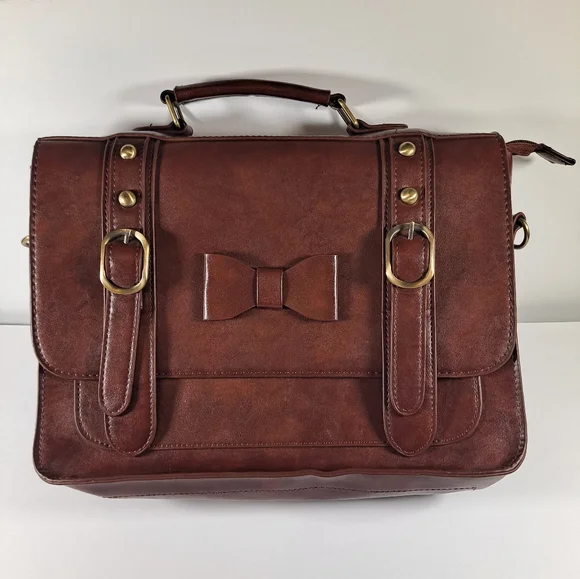 ECOSUSI Women's Briefcase Leather Laptop Brown Satchel with Bow Accent - Picture 1 of 9